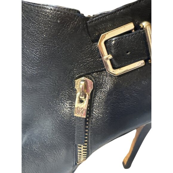 Marciano Womens Black Leather Peep-Toe High-Heel Ankle Booties With Gold Buckle - Picture 2 of 8